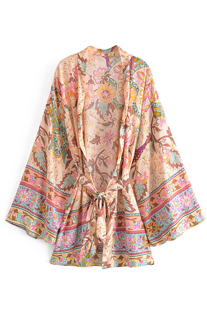 Boho Robe, Short Kimono Robe, Sweet Vintage Pink Flower - Wild Rose Boho