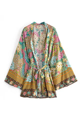 Boho Robe, Short Kimono Robe, Irma Peacock in Gold Green - Wild Rose Boho