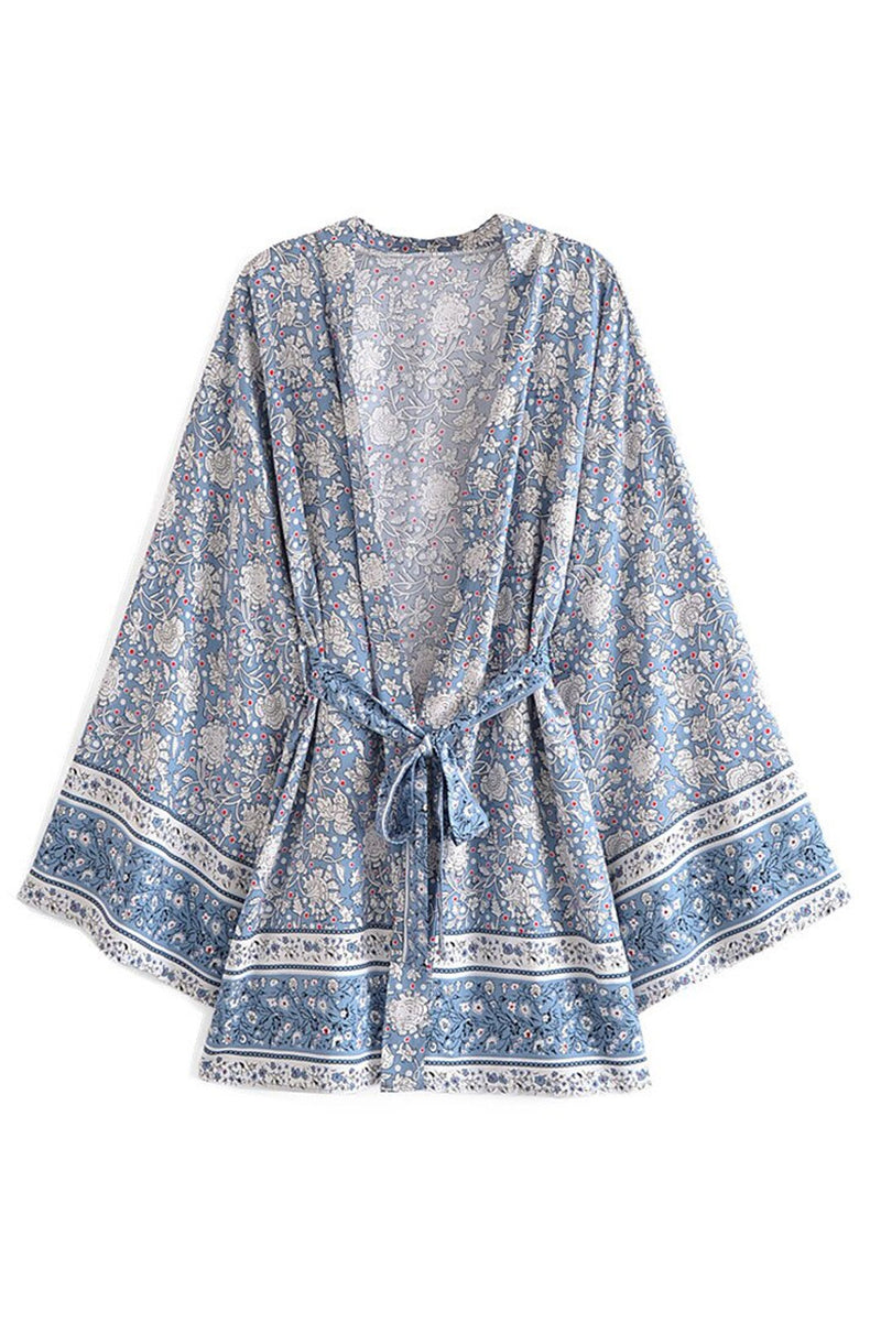 Boho Robe, Short Kimono Robe, Esme Wild Flower Blue Sky - Wild Rose Boho