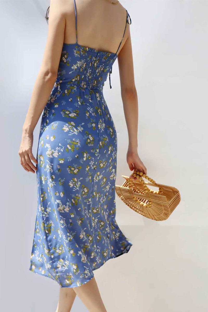 Boho Midi Dress, Strappy Sundress, Blue Flower