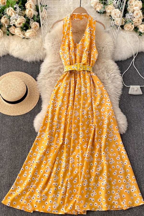 Maxi Dress, Boho Vintage Dress, Halter Neck Drees, Yellow Blue Daisy - Wild Rose Boho
