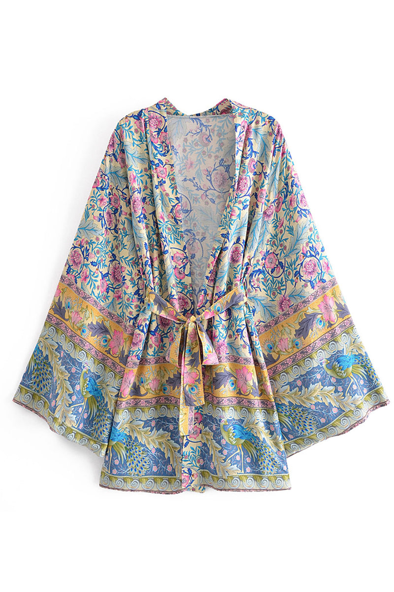 Boho Robe, Short Kimono Robe, Elliana Blue Peyton - Wild Rose Boho