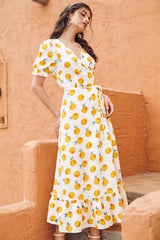 Midi Dress, Boho Vintage Dress, Retro Yellow Lemon Garden - Wild Rose Boho