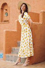 Midi Dress, Boho Vintage Dress, Retro Yellow Lemon Garden - Wild Rose Boho