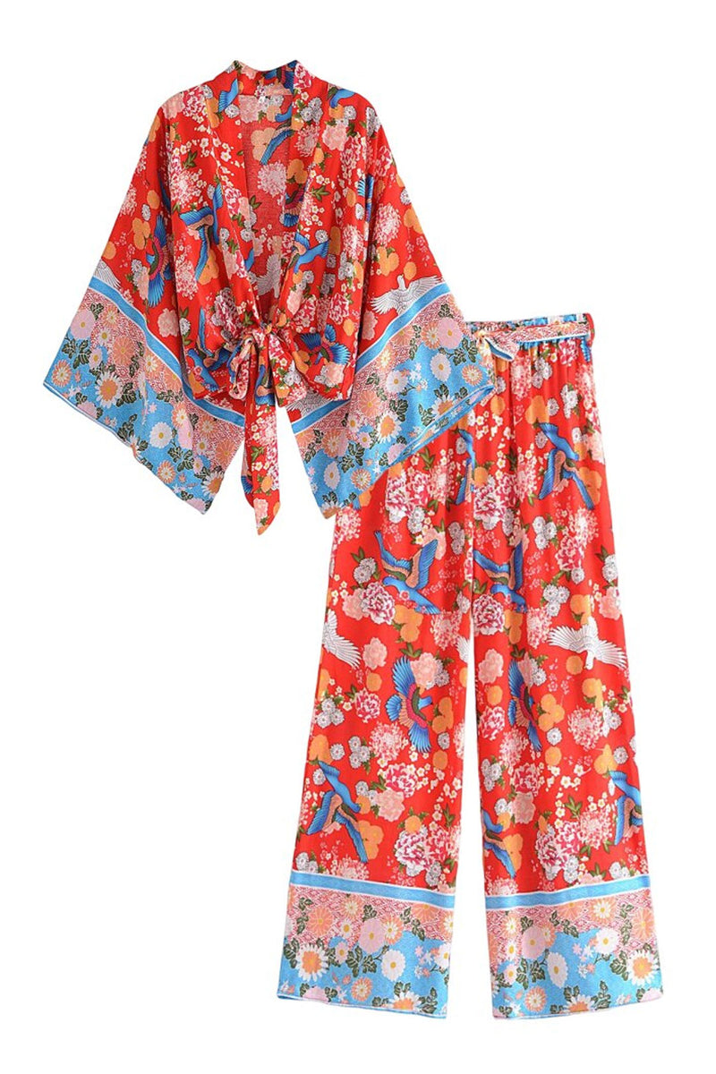 Boho Two Piece Set, Top and Palazzo Pant, Red Peony Blue Bird