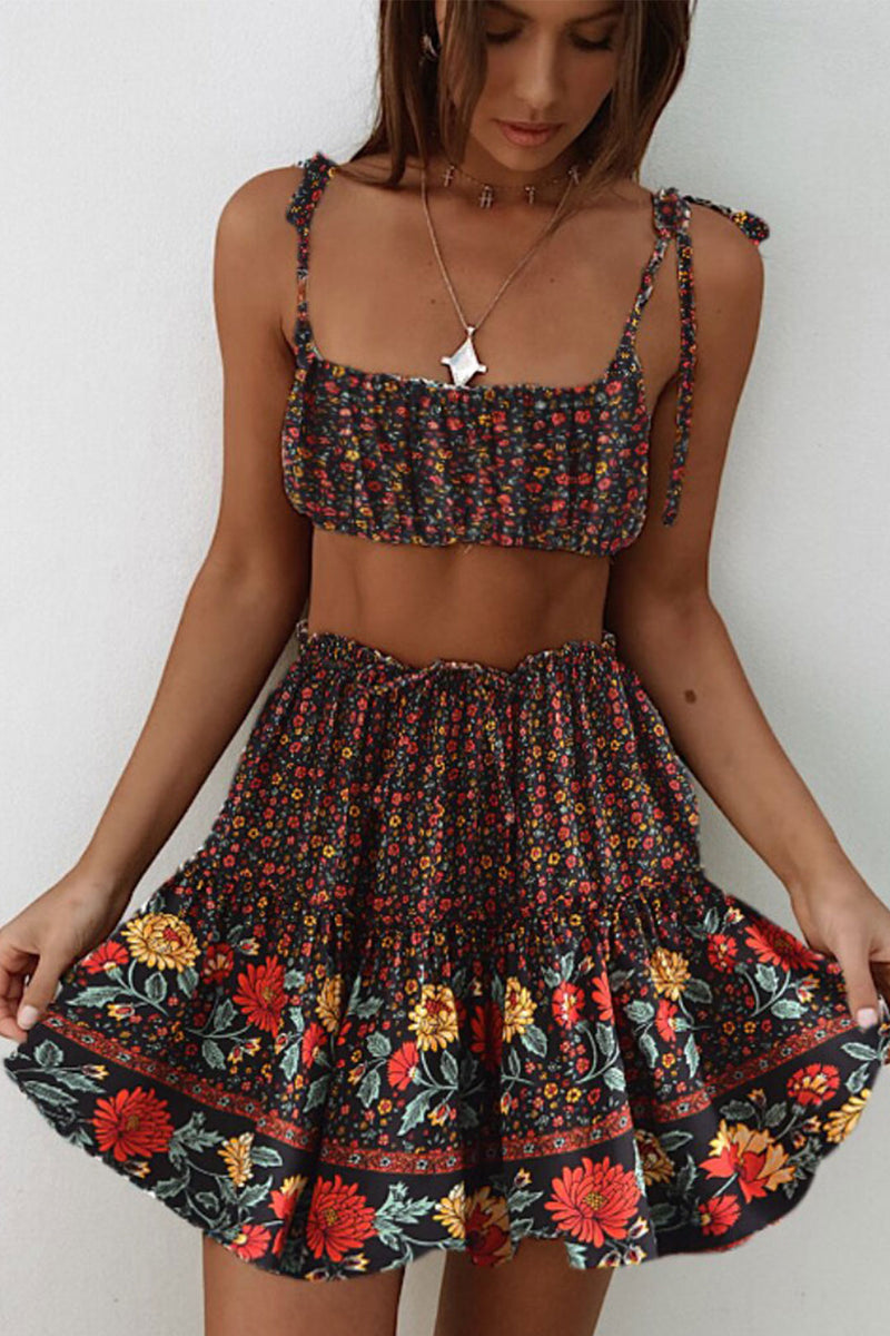 Boho Two Piece Set, Crop Top and Mini Skirt, Sierra Pansy in Red, Black and Green