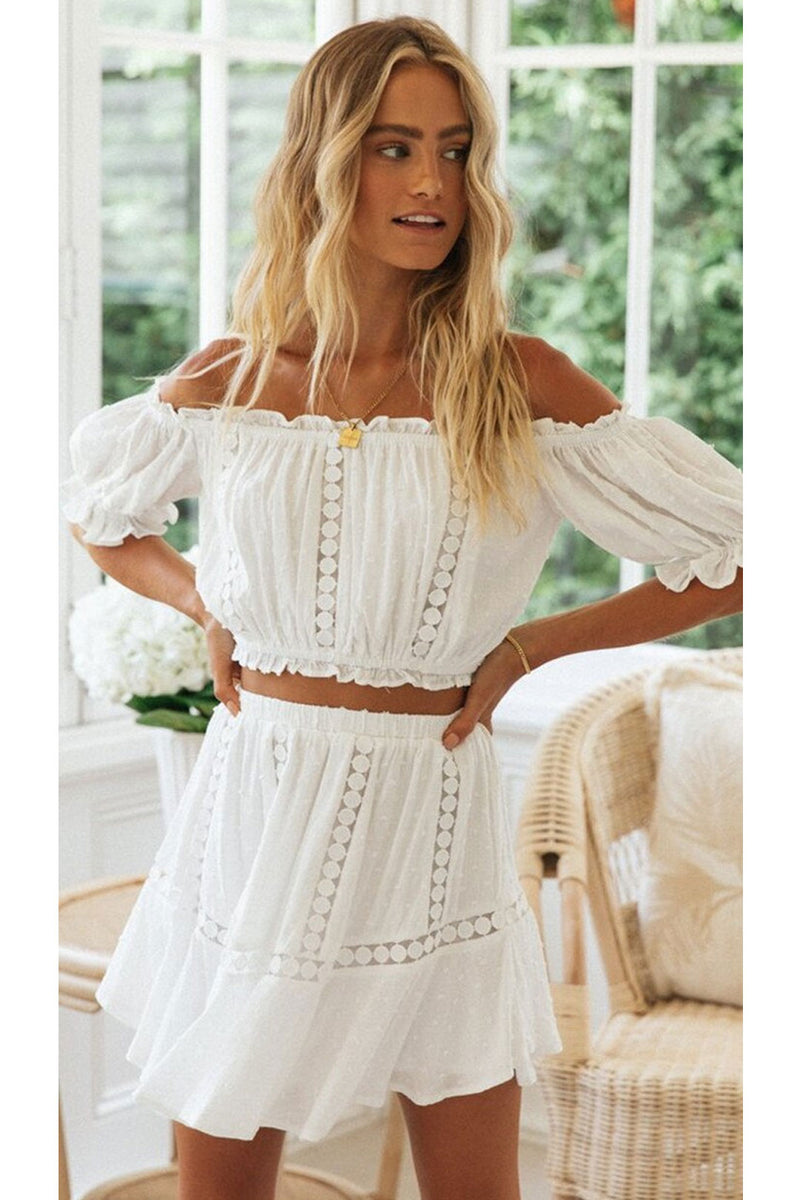Boho Two Piece Set, Crop Top and Skirt, Doll’s eyes in White