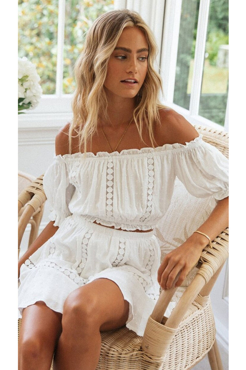 Boho Two Piece Set, Crop Top and Skirt, Doll’s eyes in White