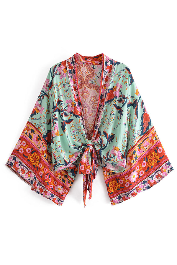 Boho Robe, Short Kimono Robe, Maribel Peony Green - Wild Rose Boho
