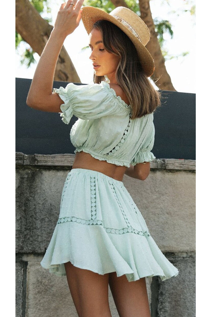 Boho Two Piece Set, Crop Top and Skirt, Doll’s eyes in Green
