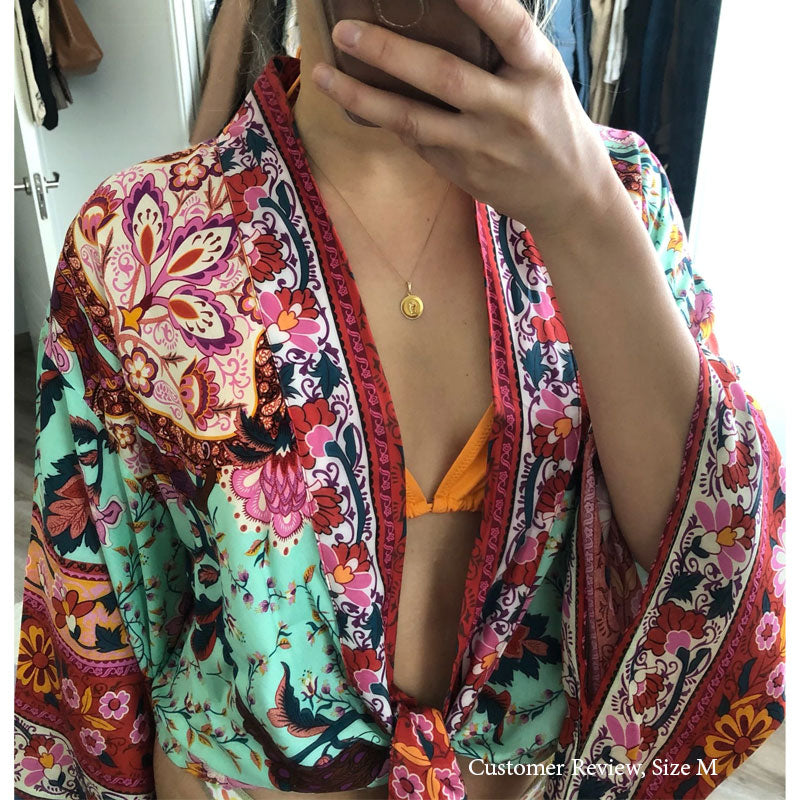 Boho Robe, Short Kimono Robe, Maribel Peony Green - Wild Rose Boho