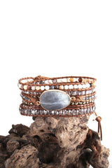 Boho Bracelet, RH 5 Layers Leather Wrap Bracelet, Natural Stones, Crystal Silver