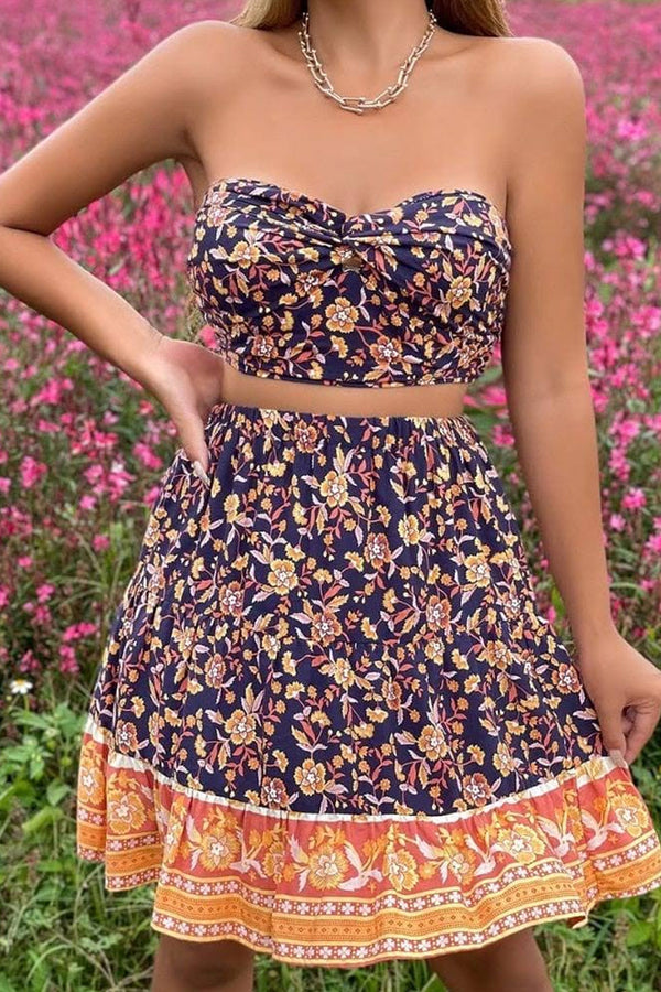 Boho Two Piece Set, Crop Top and Skirt, Navy Water Lily