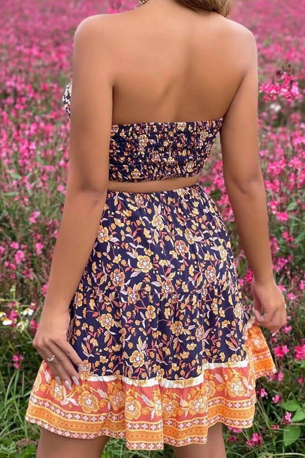 Boho Two Piece Set, Crop Top and Skirt, Navy Water Lily