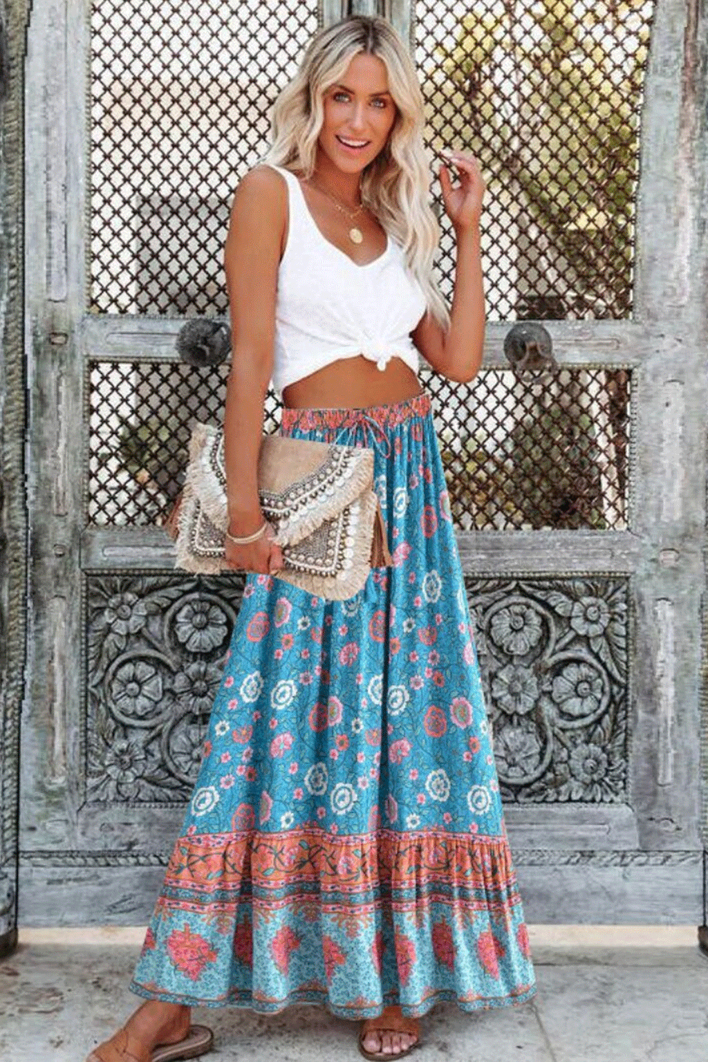 Boho Skirt Hippie Skirts Maxi Skirt Verbena Flower in Blue