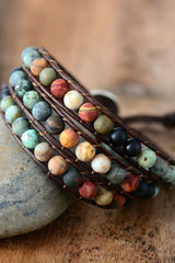 Boho Bracelet, 3 Layers Leather Wrap Bracelet, 6 mm Stones - Wild Rose Boho