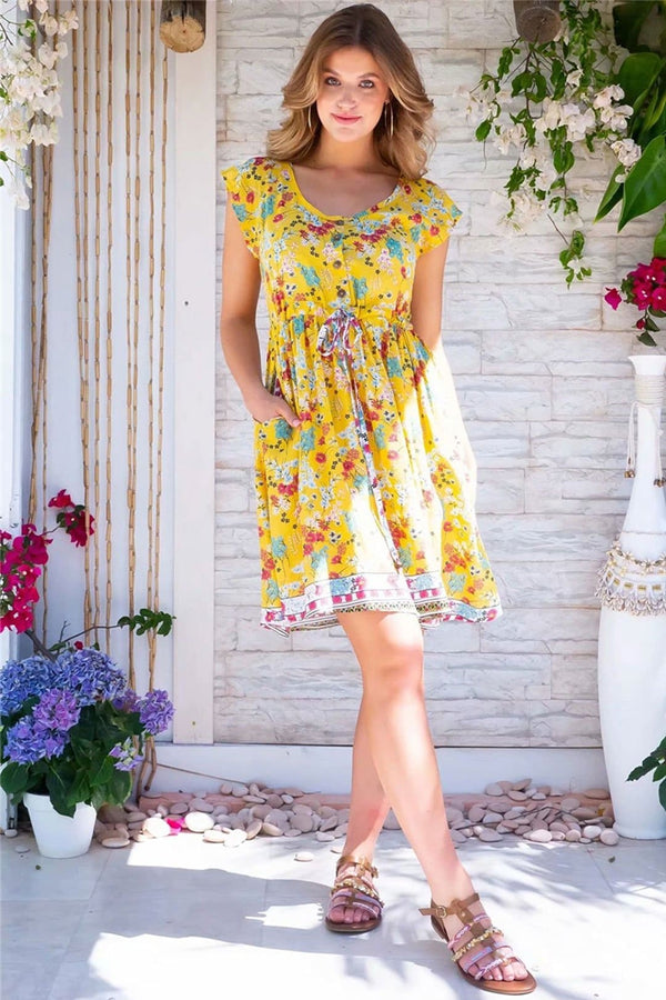 Mini Dress, Boho Dress, Sundress, Wild Floral in Yellow Ducky - Wild Rose Boho