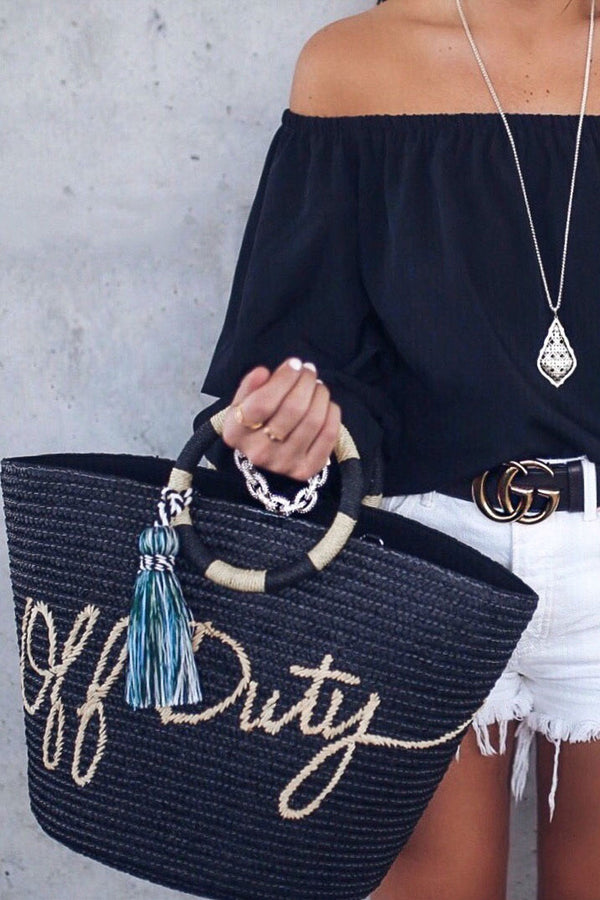 Boho Bag, Woven Straw Bag, Black Off Duty - Wild Rose Boho