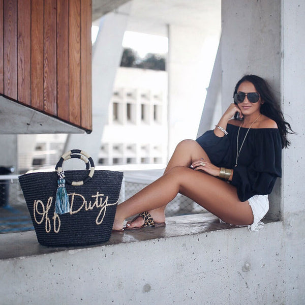 Boho Bag, Woven Straw Bag, Black Off Duty - Wild Rose Boho