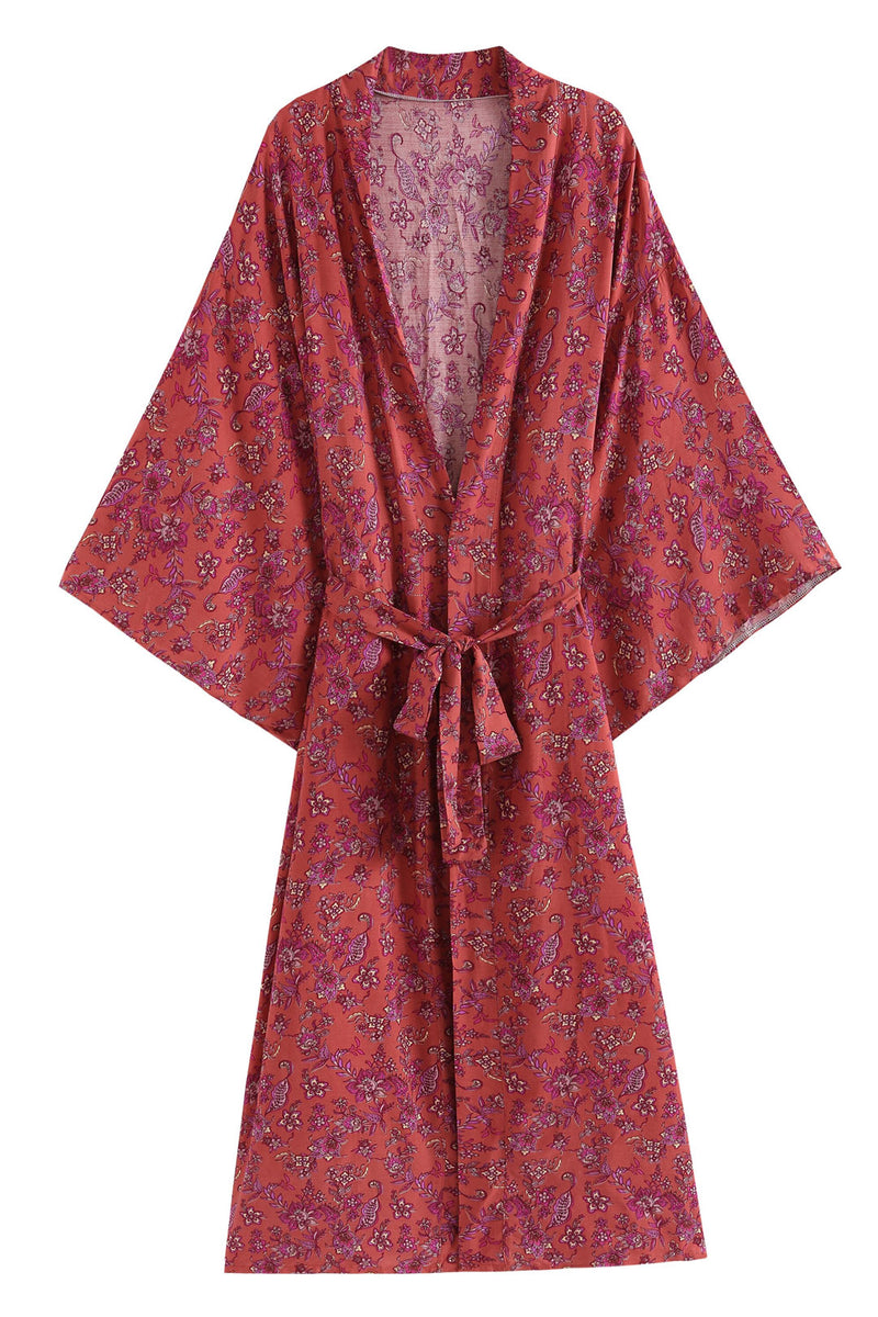 Boho Robe, Kimono Robe,  Beach Cover up, Red Woolflower