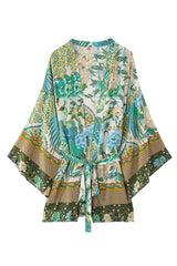 Boho Short Kimono Robe, Special Price, Dolores in Green, Brown and Black