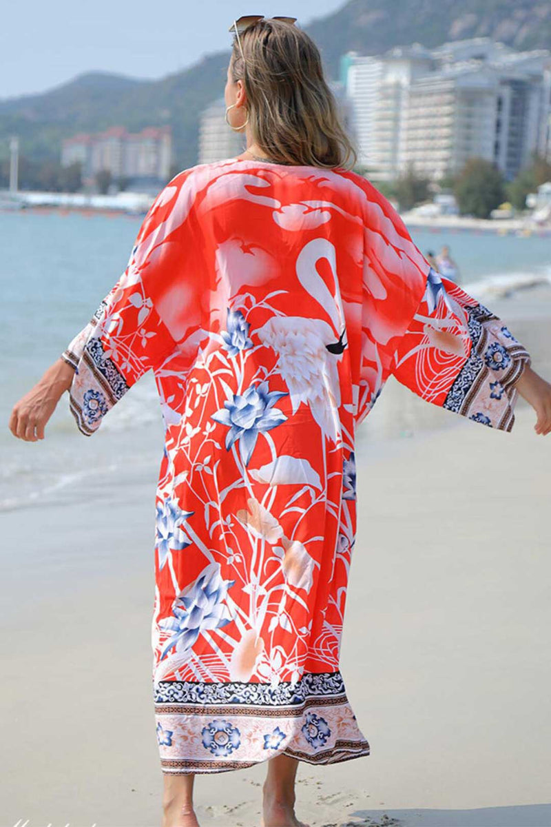 Boho Robe, Kimono Robe,  Beach Cover up, Flamingo Flower in Red Pink