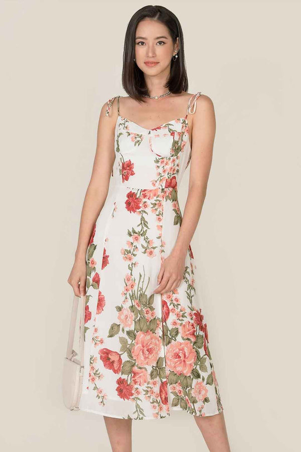 Boho Midi Dress, Strappy Sundress, White Rose Garden