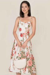 Boho Midi Dress, Strappy Sundress, White Rose Garden