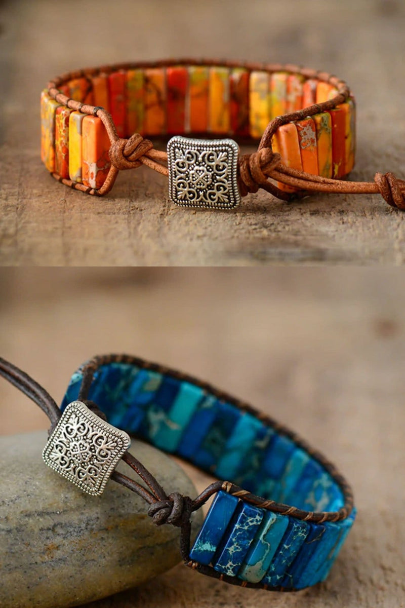 Boho Bracelet, Leather Wrap Bracelet, Tube Natural Stones, 4 colors Blue, Orange, Green and Red - Wild Rose Boho