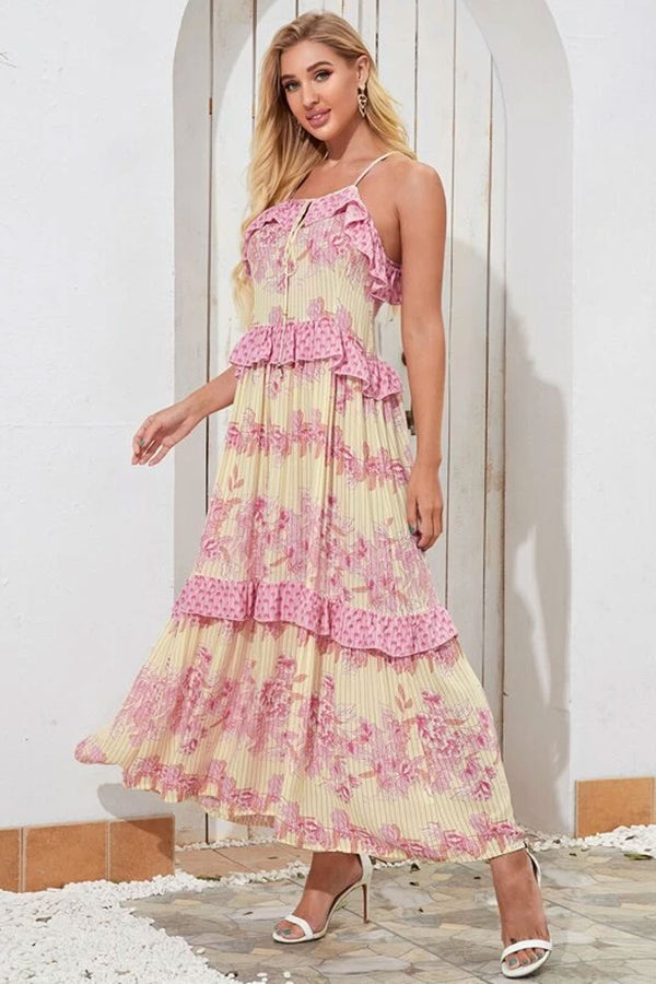 Boho Maxi Dress, Strappy, Delanry in Rosy Pink and Gold