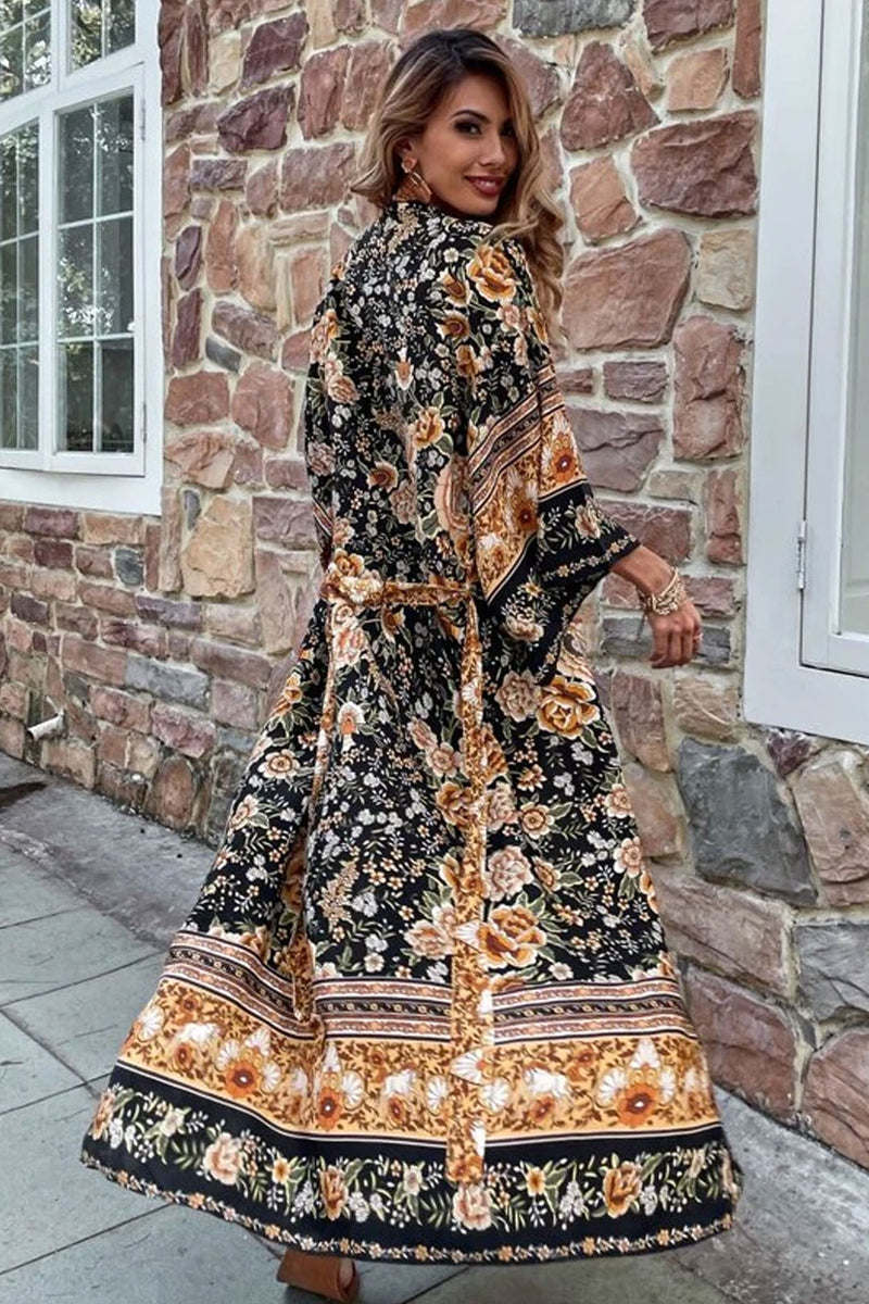 Bohemian Robe – “Rosa Black Midnight” Kimono Cover-Up for Beach or Lounge, Black gold / S