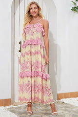 Boho Maxi Dress, Strappy, Delanry in Rosy Pink and Gold