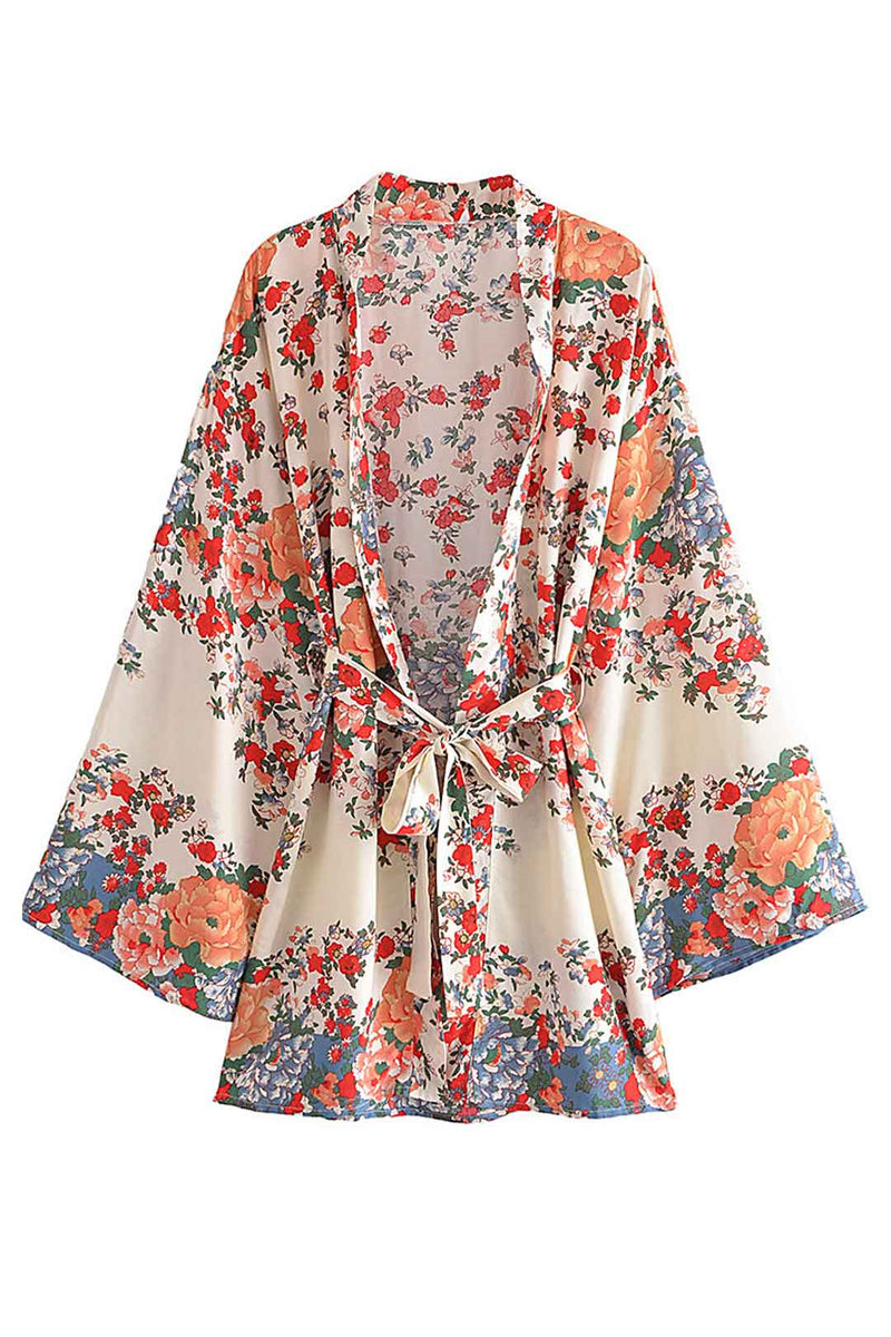 Boho Robe, Kimono Robe,  Beach Cover up, Short Robe, Shelta White Floral