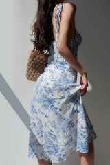 Boho Midi Dress, Strappy Sundress, Blue Vintage Rose