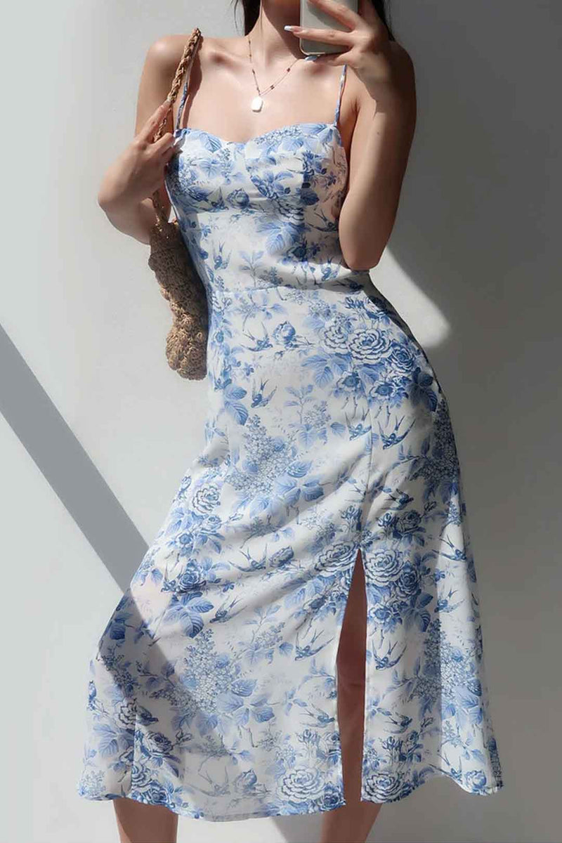 Boho Midi Dress, Strappy Sundress, Blue Vintage Rose