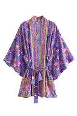 Boho Robe, Kimono Robe,  Beach Cover up, Short Robe, Alyssa Forest in Brown and Purple