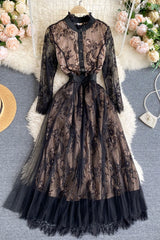 Midi Dress, Boho Vintage Lace Dress, Gown, Rosalie in Midnight Black - Wild Rose Boho