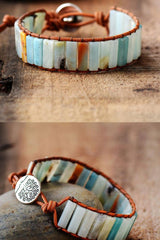 Boho Bracelet, Leather Wrap Bracelet, Blue Amazonite - Wild Rose Boho