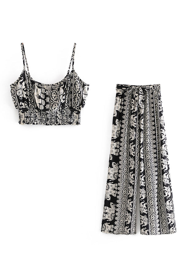 Boho 2 Piece Set, Matching Crop Top and Palazzo Pant, Black Elephant - Wild Rose Boho