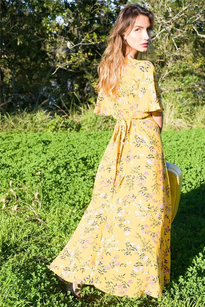 Maxi Dress, Boho Dress, Sundress, Wild Floral in Yellow Ducky - Wild Rose Boho