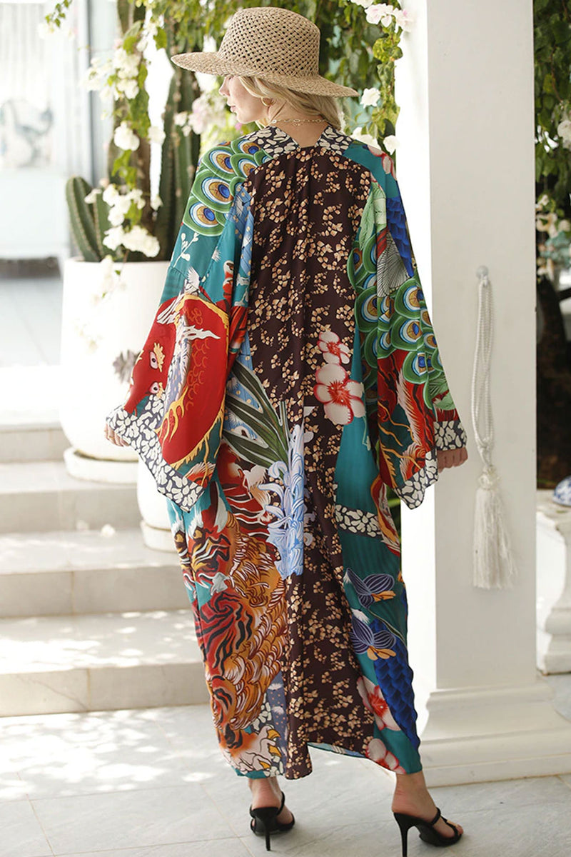 Boho Robe, Kimono Robe, Silk robe, Beach Cover up, Colorful Crests