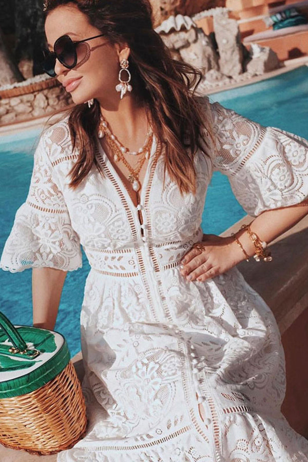 Boho Midi Dress, Sundress, Lace Charlotte  in White