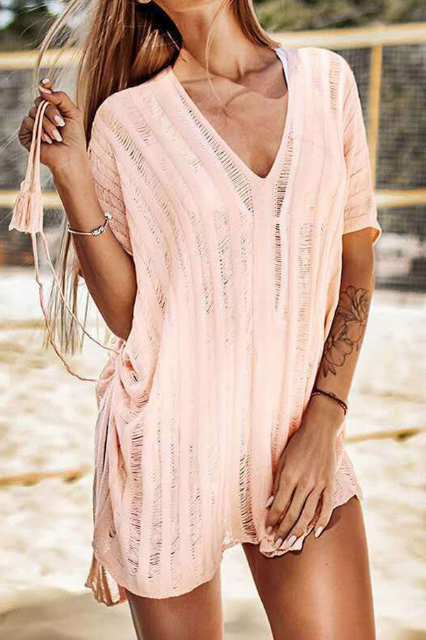 Beach Knitted Cover up, Lupe in White and Pink - Wild Rose Boho