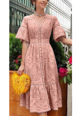 Boho Midi Dress, Sundress, Lace Charlotte  in Pink