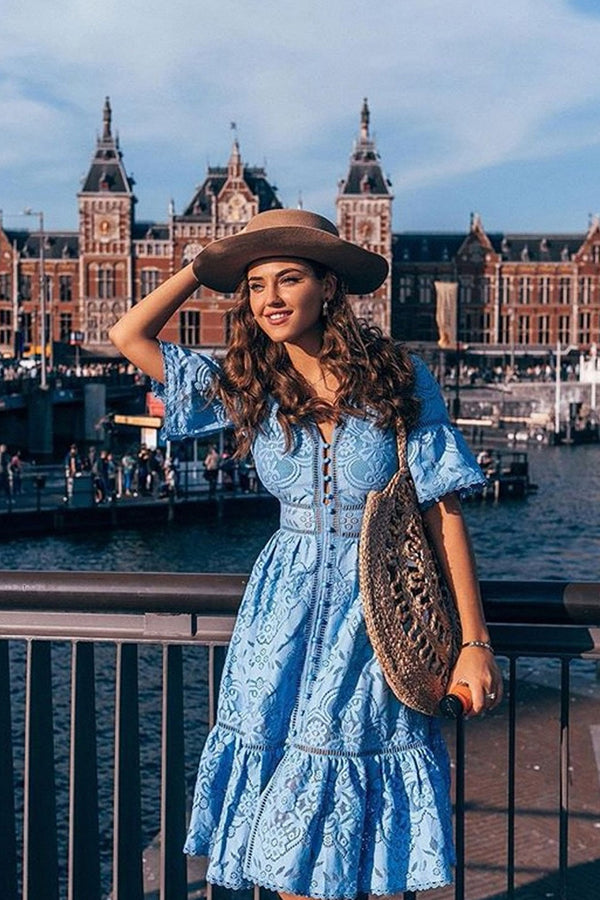 Boho Midi Dress, Sundress, Lace Charlotte  in Blue