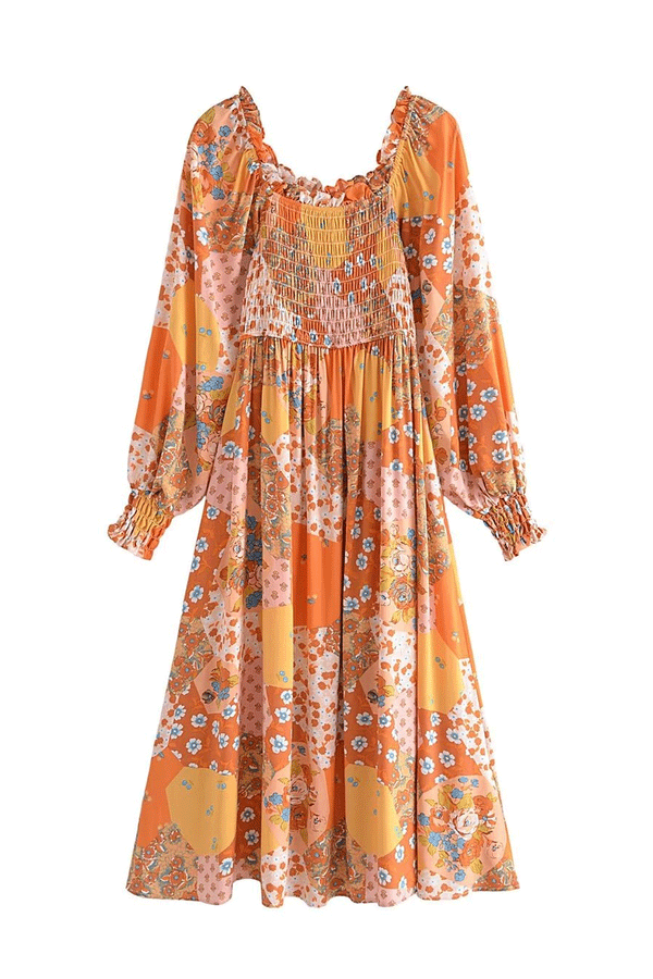 Boho Midi Dress, Sundress, Maryam in Orange, Green and Pink