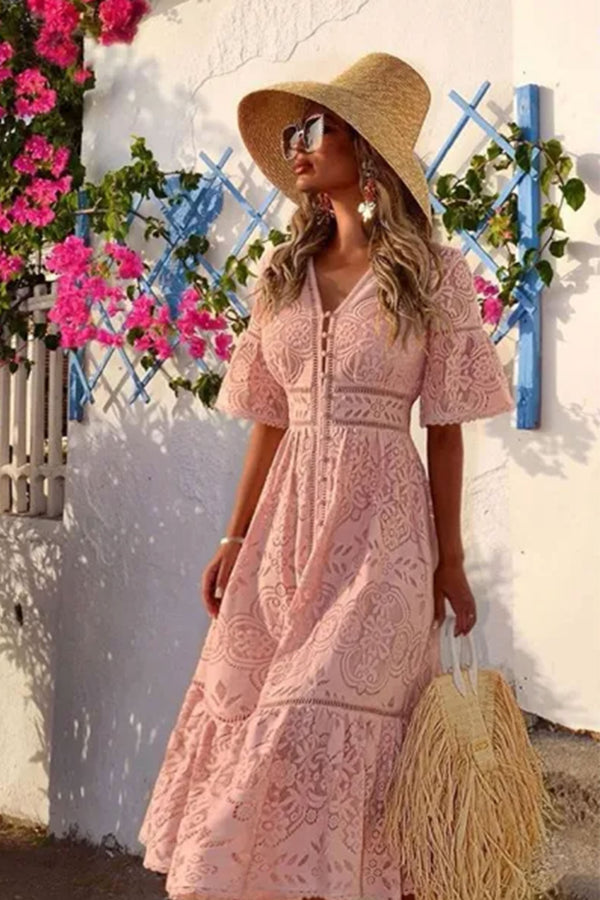 Boho Midi Dress, Sundress, Lace Charlotte  in Pink