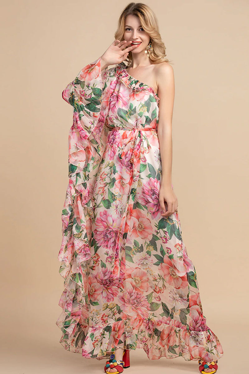 Maxi Dress, Boho Vintage Dress, One Shoulder Ruffle Gown, Pink Daisy Rose - Wild Rose Boho