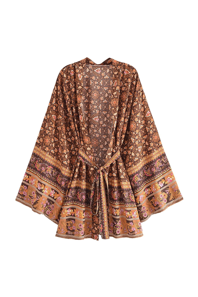 Boho Robe, Kimono Robe, Beach Cover up, Short Robe, Elliana Jasmine in Pink, Green and Brown