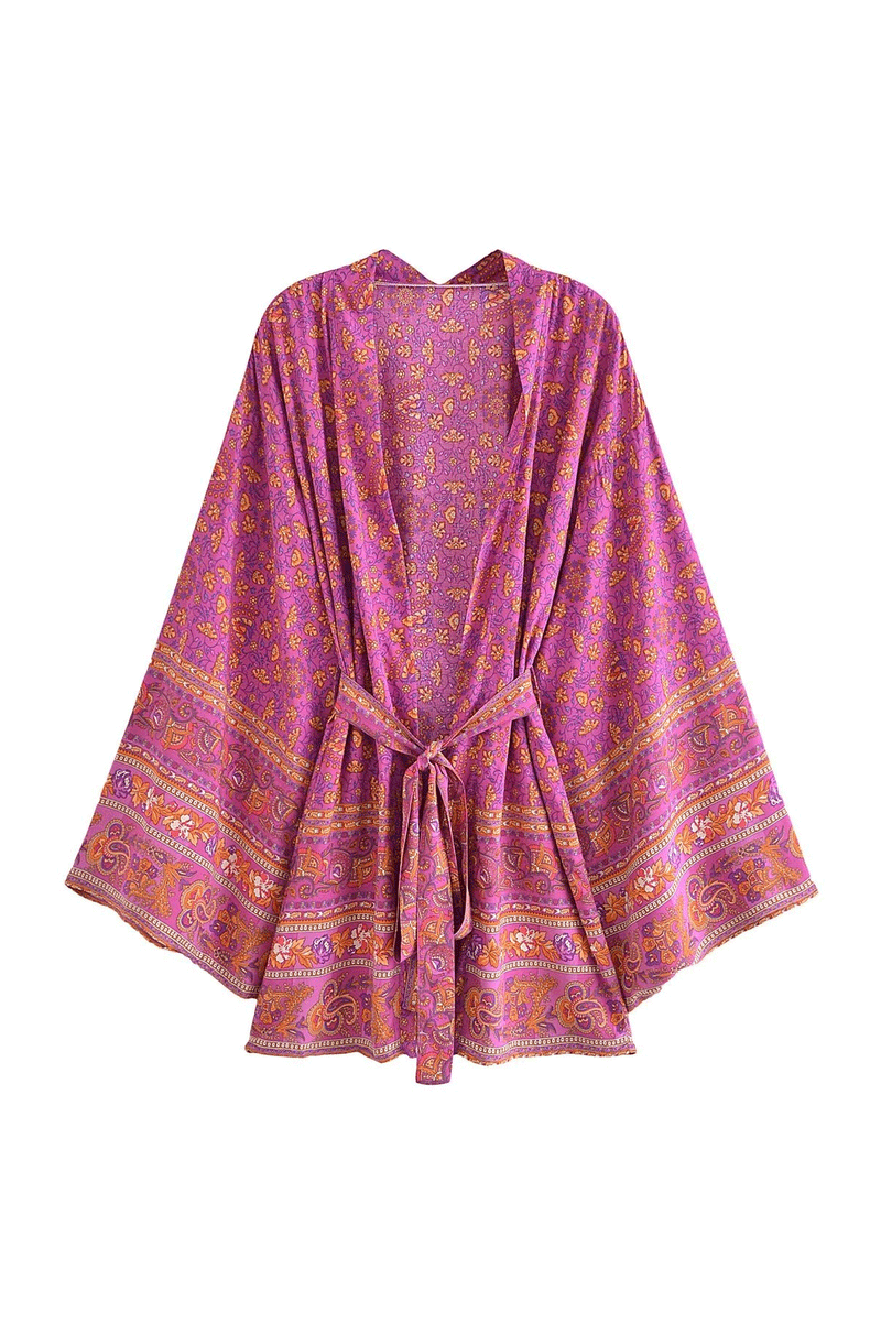 Boho Robe, Kimono Robe, Beach Cover up, Short Robe, Elliana Jasmine in Brown, Pink and Green